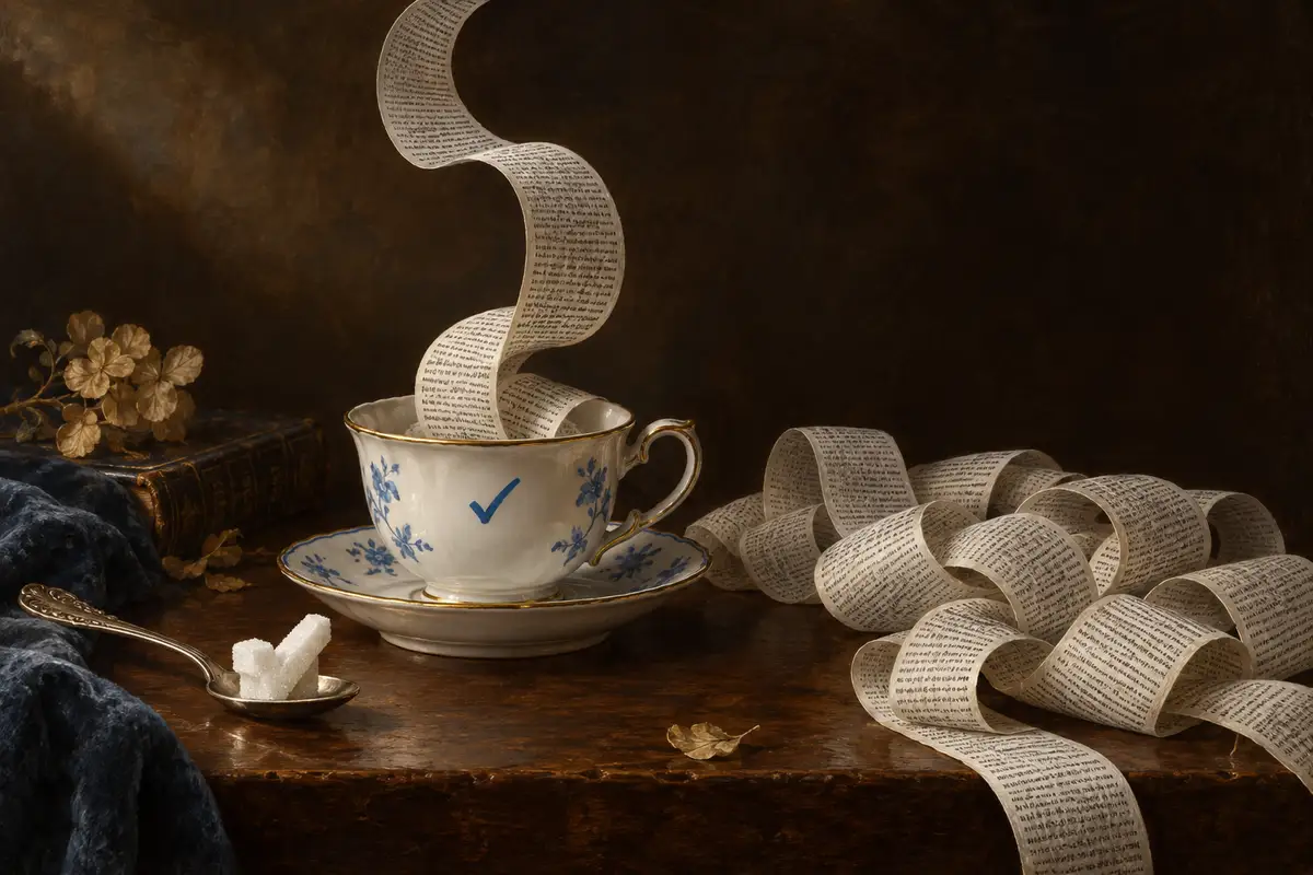 A porcelain teacup overflows with a long ribbon of unreadable fine print. A checkmark-shaped sugar cube waits on a spoon.