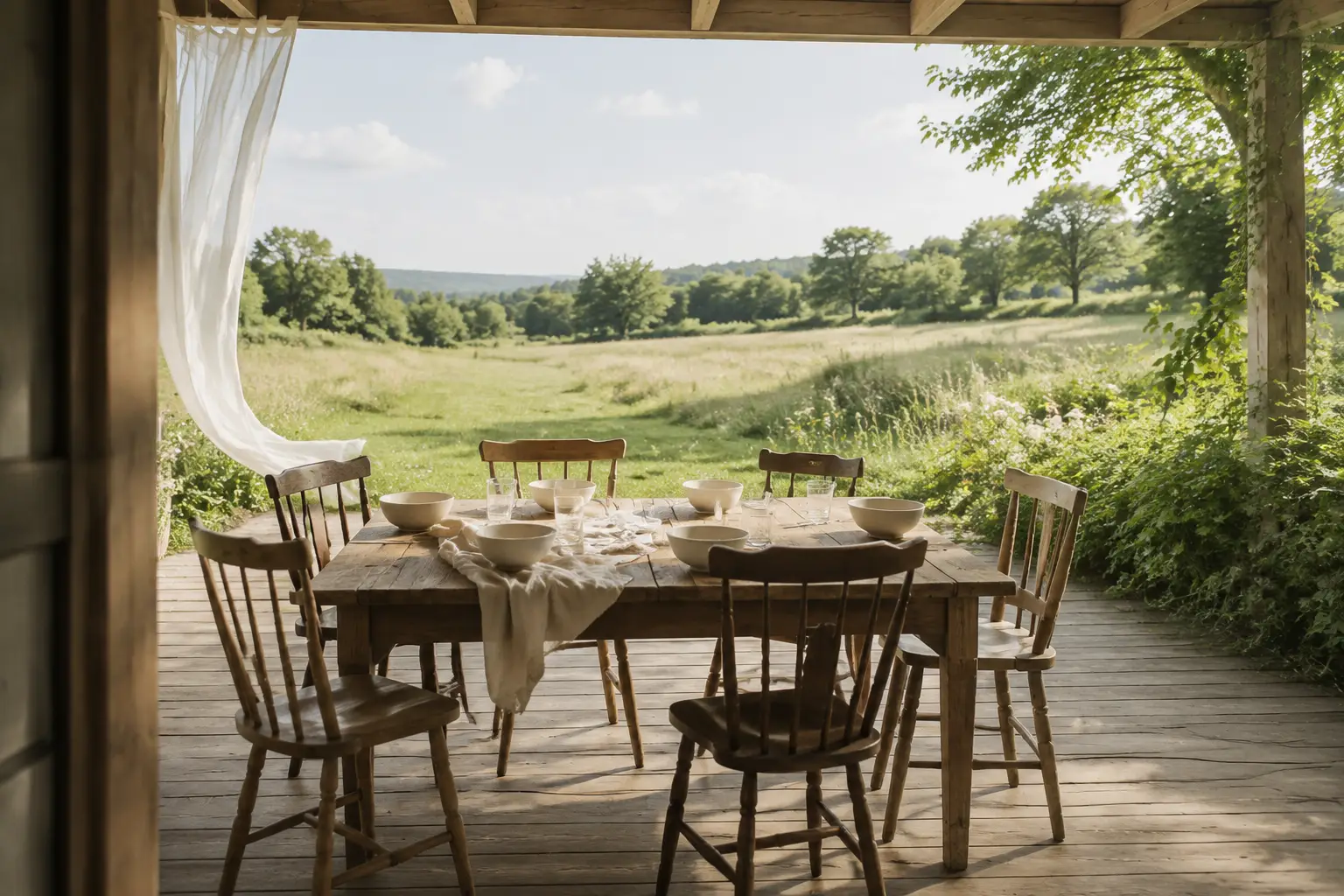 Six empty chairs around a simple wooden table set with bowls and glasses. A linen curtain opens onto a sunlit garden, green meadow and blue sky.