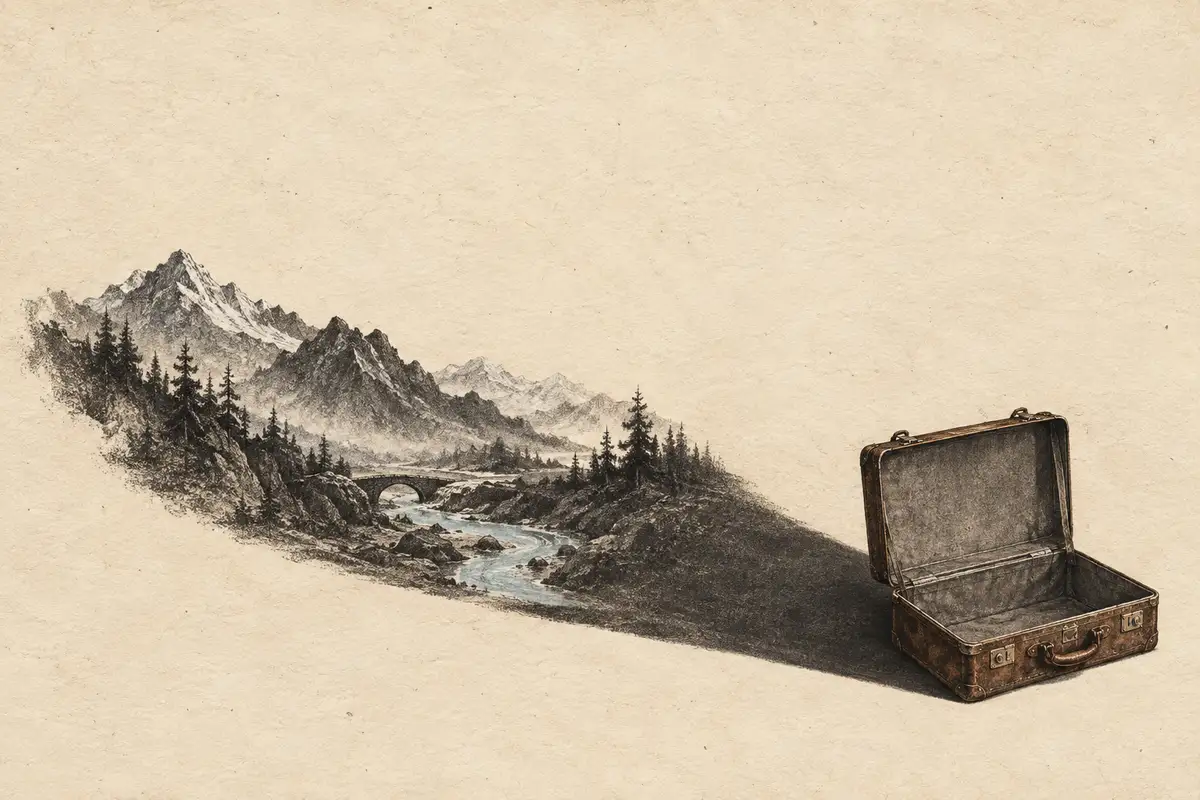 An empty suitcase casts a shadow that becomes mountains, pine trees, a bridge and a blue river.