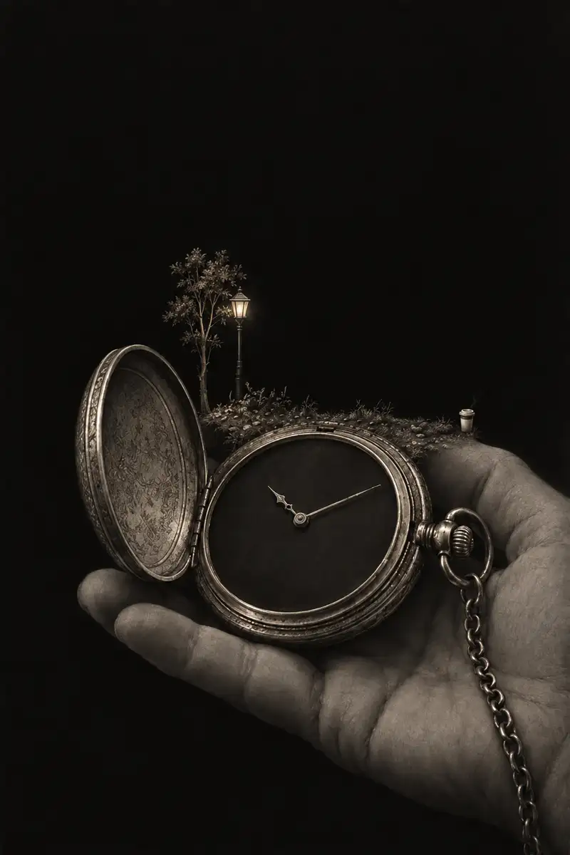 The Roman numerals have left a pocket watch and are taking a coffee break together on a tiny bench.