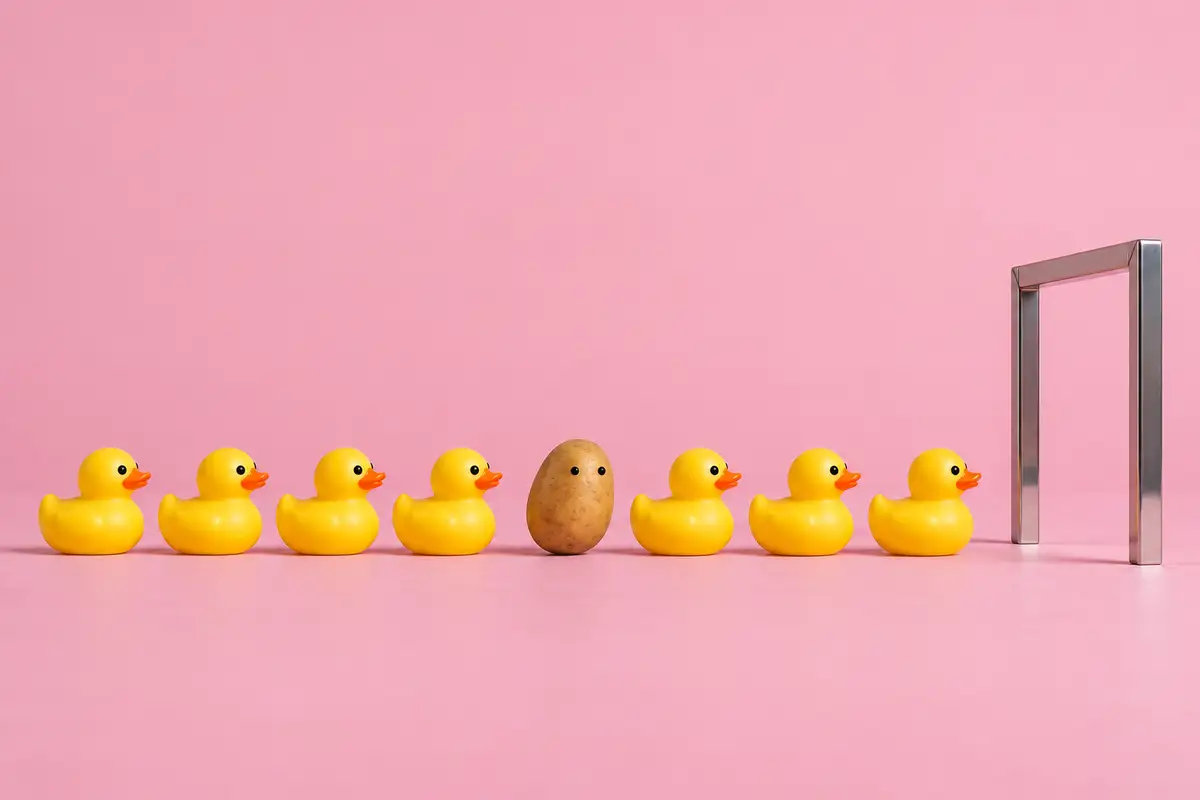 Identical yellow rubber ducks queue for inspection on a pink floor. A potato with two dot eyes stands among them.