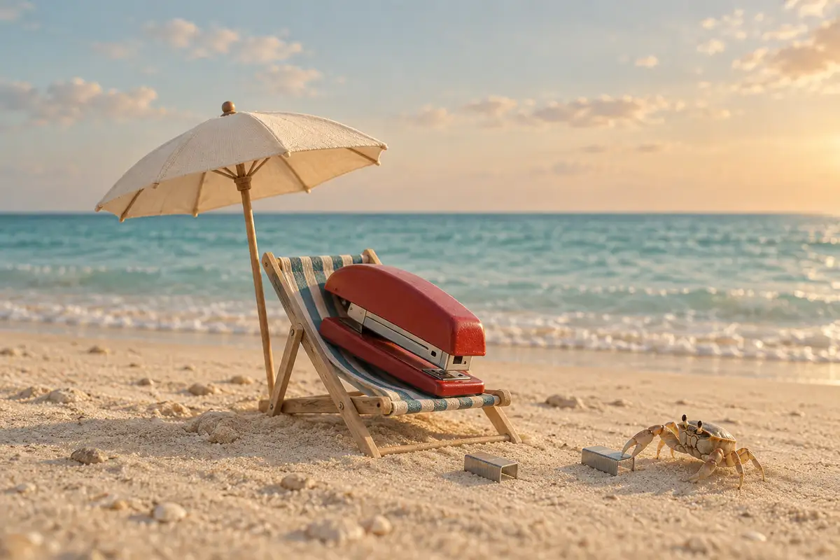 A red stapler reclines under a beach umbrella. A crab investigates its spare staples.