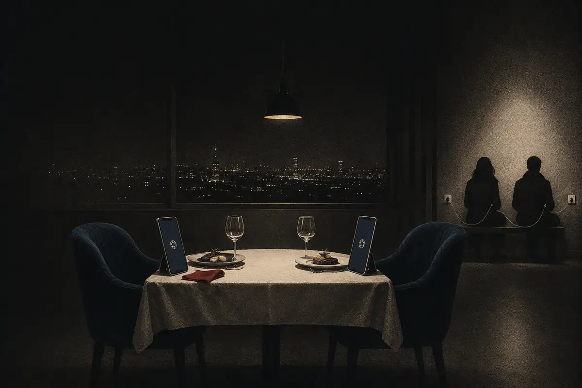 Two smartphones occupy the dinner table. Two anonymous people sit beside wall sockets, connected by charging cables.
