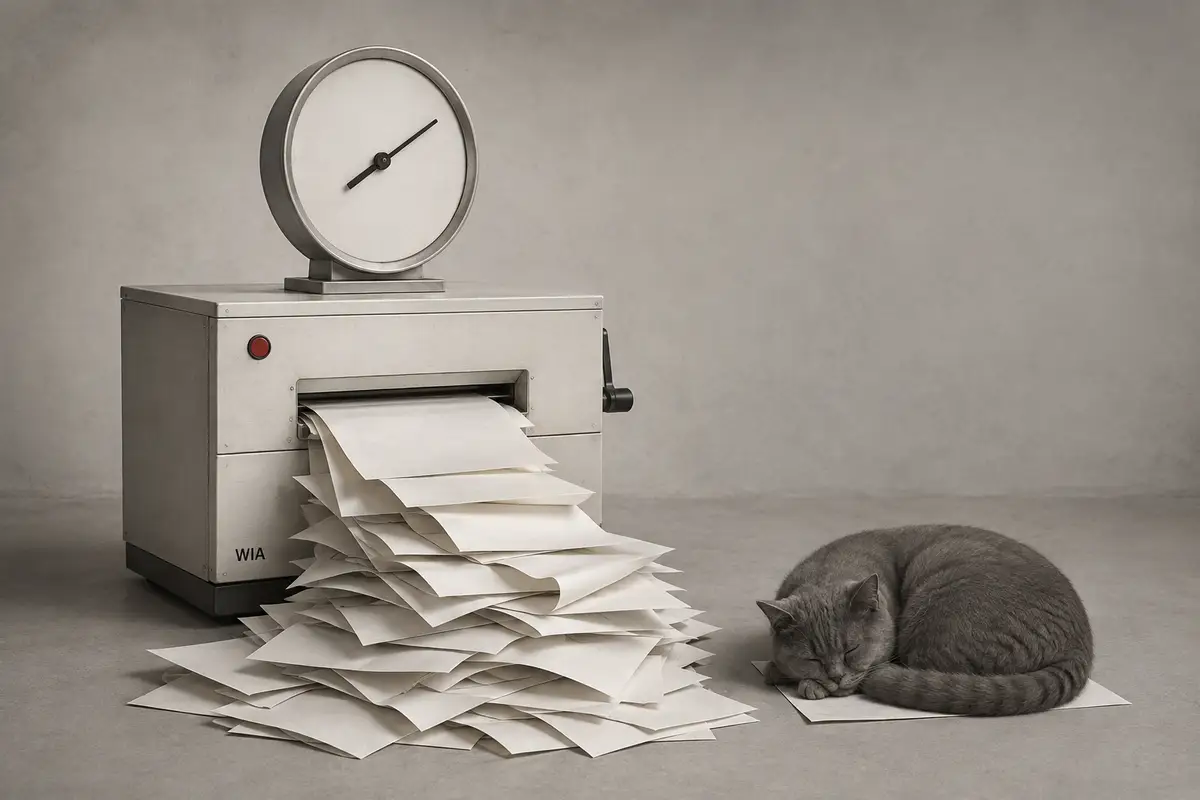 A WIA office machine produces a mountain of paperwork. Beside it, a cat sleeps on a single page.
