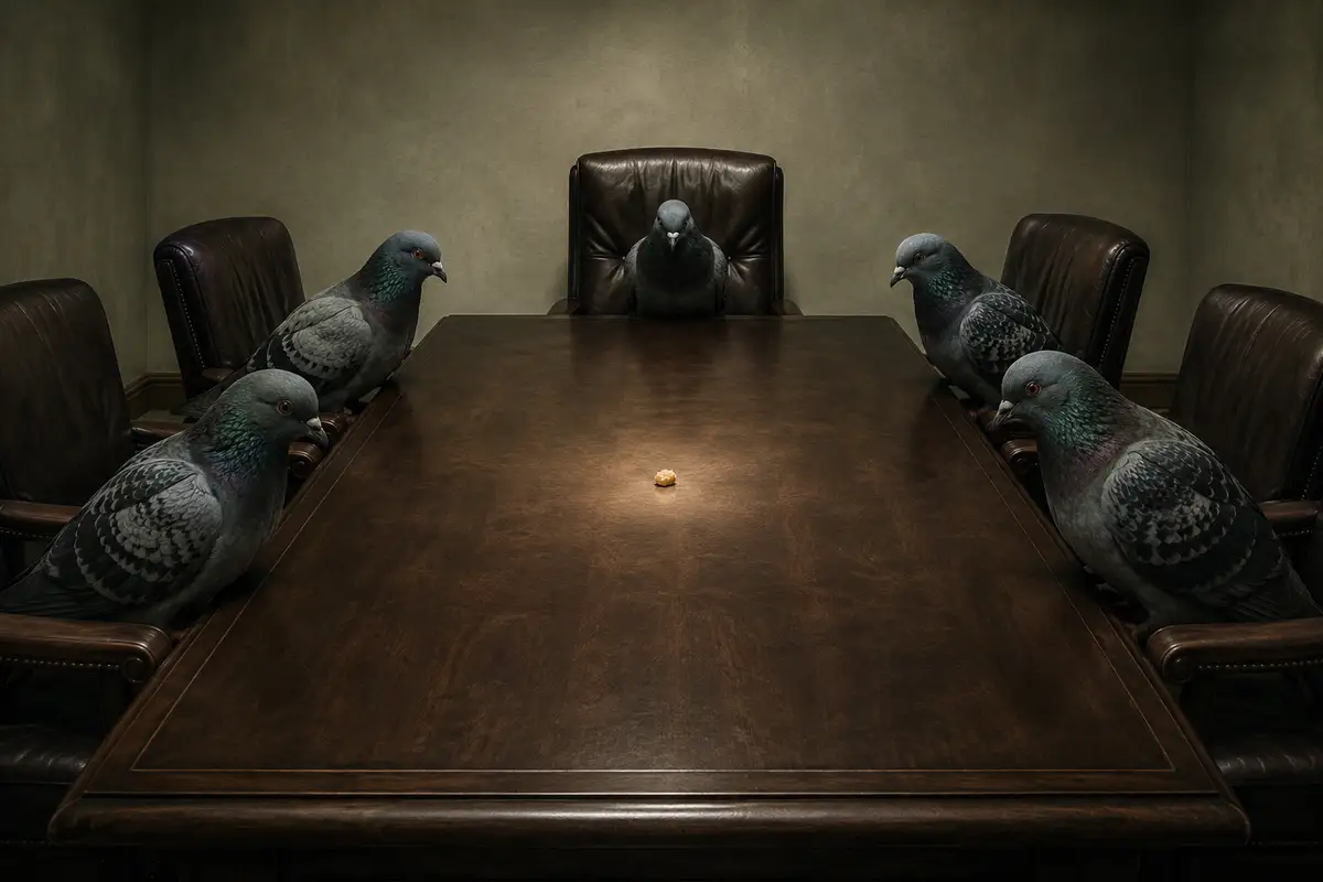 Pigeons sit on executive chairs around a boardroom table, solemnly considering one breadcrumb.